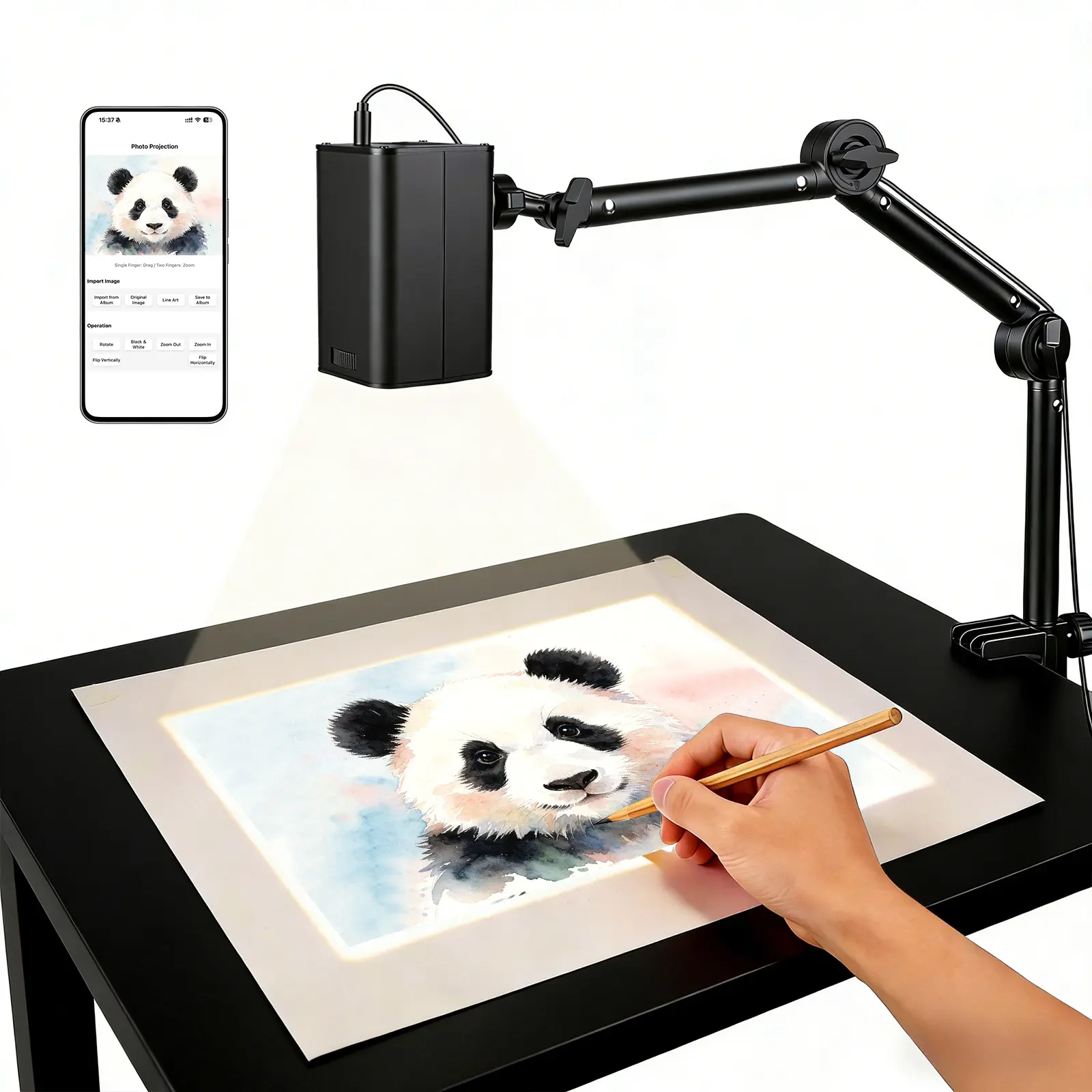PRO Art Tracing Projector, 1280x720 HD, 5GHz Dual-Band WiFi, 3-Segment Foldable Arm with Stable Clamp, Great for Sketching and Mural Painting, Compatible with iOS, Android and Tablet