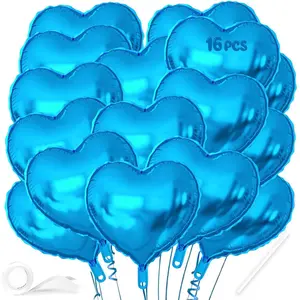 16 Pcs Heart Balloons, 18 Inch Blue Love Heart Shaped Foil Balloons for Wedding Anniversary Birthday Party Valentine Decorations Shower Bridal Shower Engagement Decorations Supplies