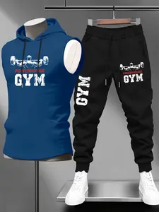 Men's Fitness Sportswear Set, Workout Set, Hooded Sleeveless Vest Top & Drawstring Waist Pants, Weightlifting Print Design, Casual Outdoor Wear, Athletic Tracksuit Set