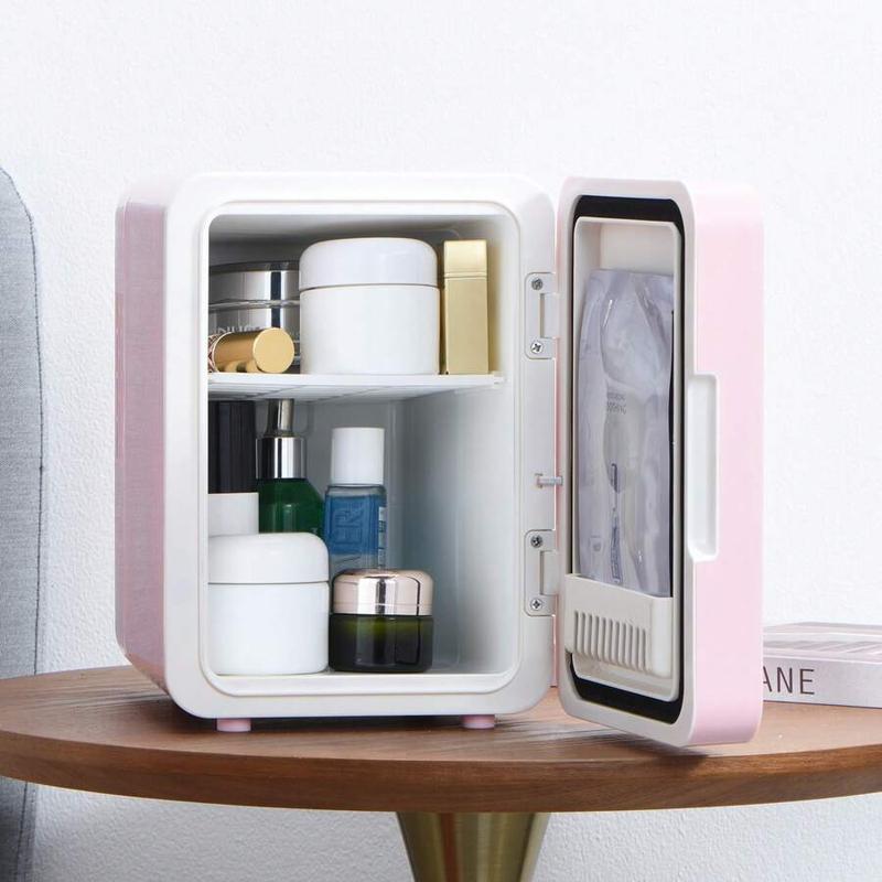 LED Mirror Skincare Mini Fridge - 4L Dual-Temperature Cooler For Makeup & Drinks (Pink/White) - Car/Home Portable Cosmetic Storage With Heating Function
