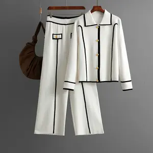 Luxe Knit Ensemble – Polo Jacket & Wide-Leg Trousers