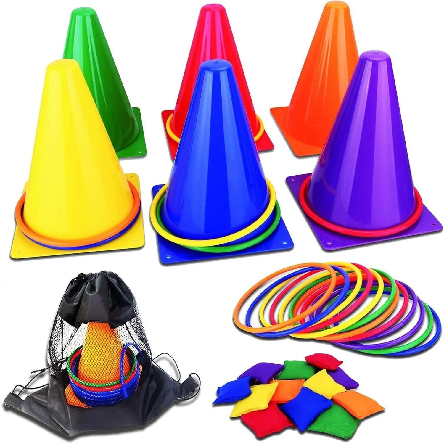 BY-OGP07 31PCS 3-in-1 Carnival Outdoor Floor Game Combo Set for Children, Soft Plastic Cones, Bean Bags, Ring Toss, Firm Material Multiple Games, Birthday/Xmas Gift
