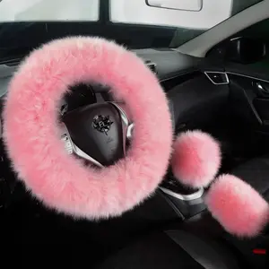 Fuzzy Genuine Sheepskin Steering Wheel Cover Set for Women Parents-uffy Soft Australian Merino   Wrap with Gear Shift and Hand  Covers, Cozy Stylish Luxury Girl  Accessories ()