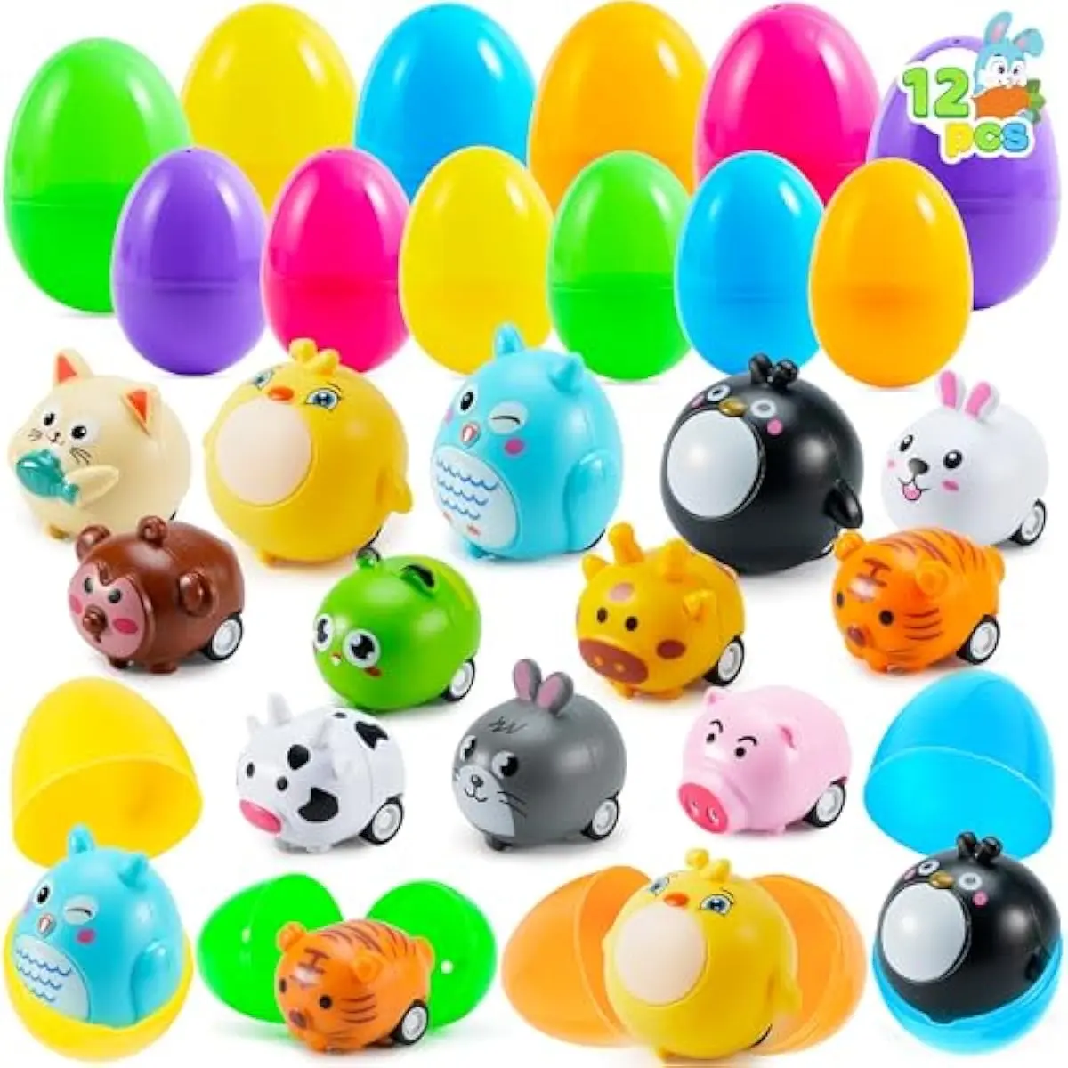 12 Pcs Prefilled Easter Eggs with Toys, Plastic Easter Eggs with Animal Cars for Kids Gift, Basket Stuffers, Classroom Prize Supplies, Party Favors