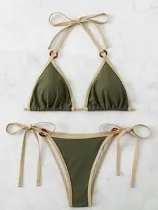 Two-piece Set Women's Binding Ring Linked Bikinis Sets, Summer Swimsuit Sets, Casual Halter Neck Tie Back Triangle Swim Bra & Tie Side Swim Bottom, Ladies Summer Swimwear for Beach Holiday Vacation, Bathing Suits, Bikini Outfits