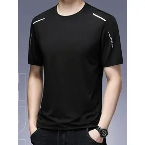 Men'S Summer Quick-Dry Sports T-Shirt, Crew Neck Polyester 89% Elastane 11%, Regular Fit, Alphabet Pattern, Woven Fabric, 100g/m² - Black fashion round neck