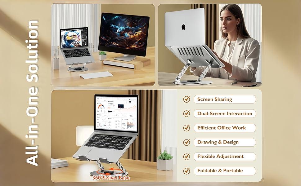 360° Rotating Laptop Stand Adjustable Foldable Aluminum 2-in-1 Multifunctional Hub for Gaming & Mobile Portable Holder Compatible with MacBook 360° Rotating Laptop Stand Adjustable Foldable Aluminum 2-in-1 Multifunctional Hub for Gaming & Mobile Portable Holder Compatible with MacBook