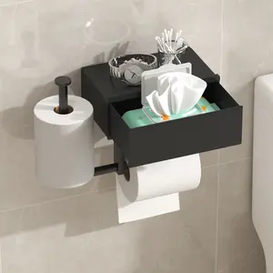 Self-Adhesive Wall-Mounted Toilet Paper Holder, Bathroom Roll Dispenser with Storage Shelf, Wet Wipe Organizer Rack