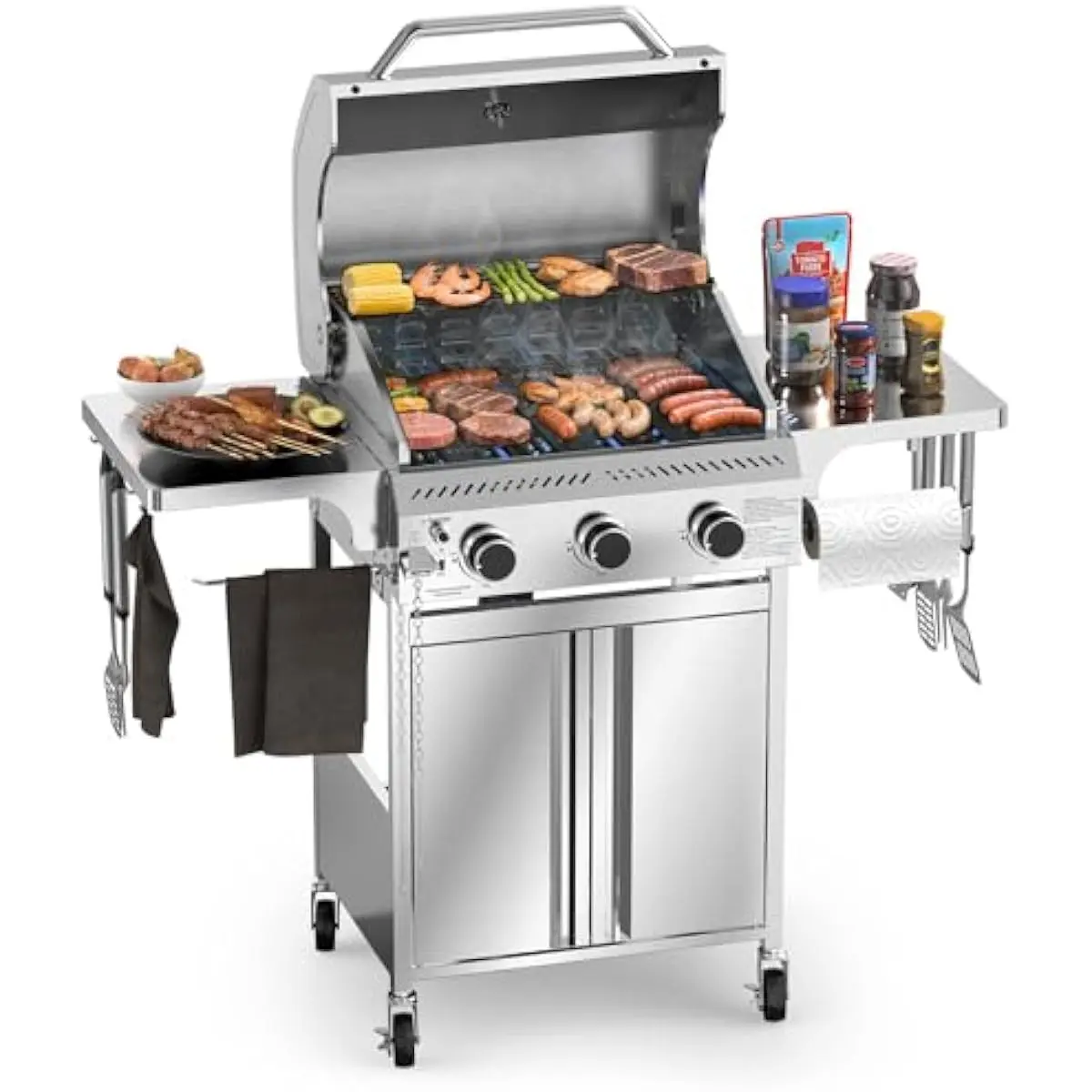 R.W.FLAME 3 Burner Propane Gas Grill, 24,000 BTU Stainless Steel BBQ Grill with Foldable Shelves, Outdoor Grill for Backyard, Patio, and Camping