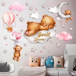 Tedy Bear Moon & Stars Wall Decal - Baby Nursery Wall Stickers Pink