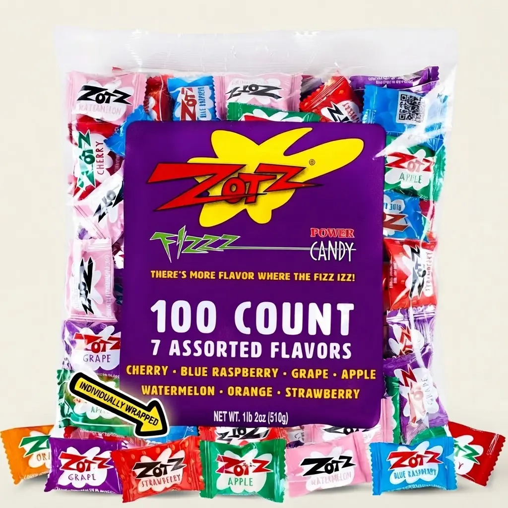 ZOTZ Fizzy Sour Candy Bulk 100 Pieces 7 Flavors Retro Italian Hard Candy Individually Wrapped Party Favors Bag
