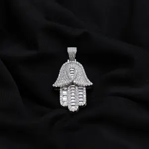 925 Silver Sparkling Hamsa Hand with Cz Round and Baguette Stones - Elegant Pendents for Unisex Wear