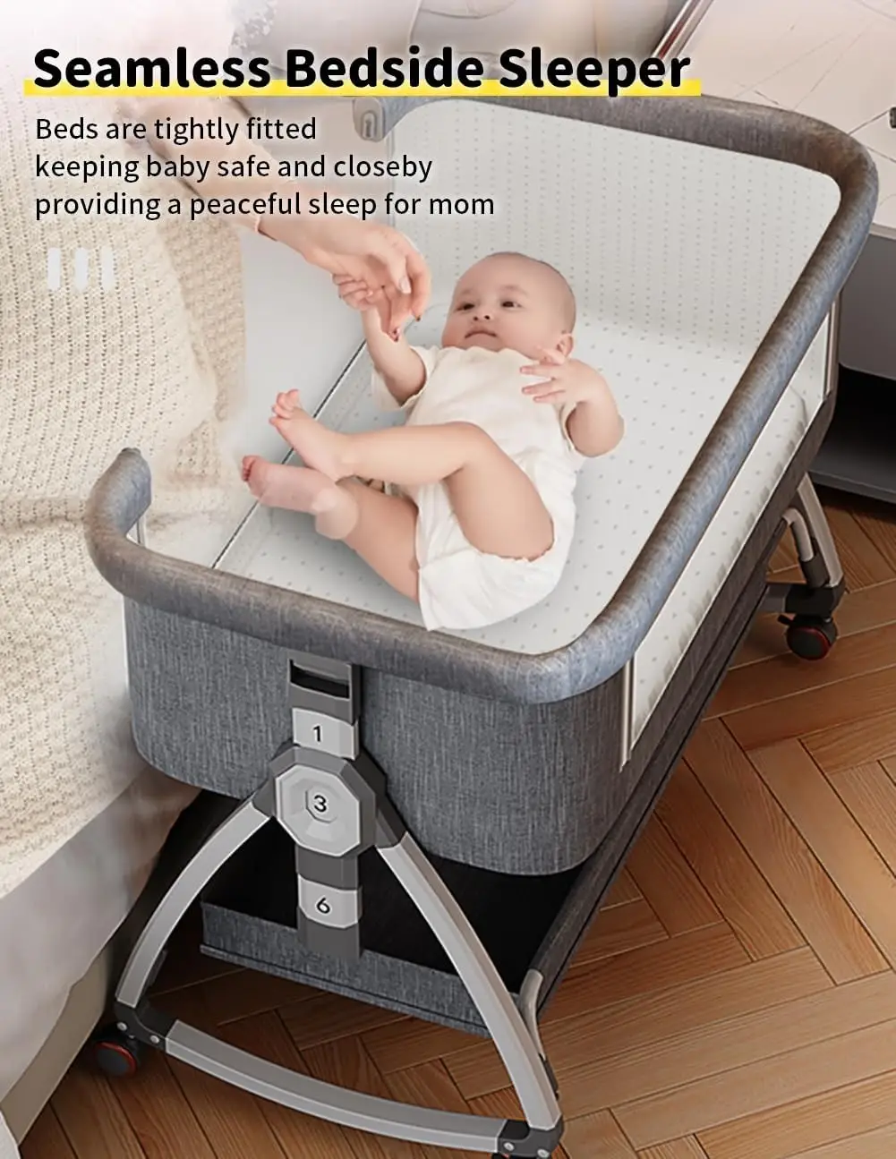 bonbay Baby Bassinet, Bedside Bassinet for Baby, 4 in 1 Portable Bassinet Bedside Sleeper with Wheels Mosquito Net & Storage Basket, 6 Height Adjustab