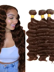 3PCS 4#-DP 4# Medium Brown Deep Wave Human Hair Bundles, Brazilian Hair Weave