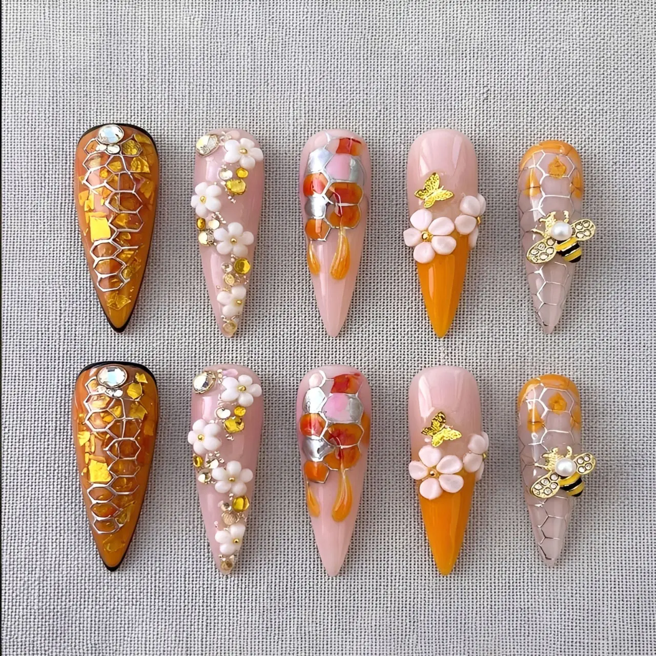 Honey Bee Press On Nails, Amber Honeycomb Nails, 3D Bee & Drip Design, Cute Floral Nails, Handmade Yellow Nude Nail Set