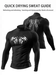 Men's Gothic Wings Athletic Compression Shirt, Long Sleeve High Neck Quick Dry Rash Guard, Vintage Print Workout Top for Gym Running, Trendy Dark Aesthetic Activewear for Streetwear & Training