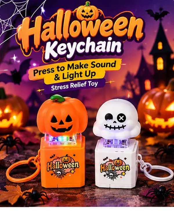 Halloween Press-Activated Light-Up Fidget Keychain Fidget Toy - ABS Plastic Pumpkin & Ghost Skull, Color-Changing LED, Light-Sound Spooky Fun, Stress Relief Halloween Party Favors Trick-or-Treat Gifts