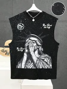 Unisex Trendy Vest Top, Silver Color Fabric, Lady Liberty Fun Print, Casual Daily Wear, Sports Vest, American Street Style Sleeveless T-Shirt
