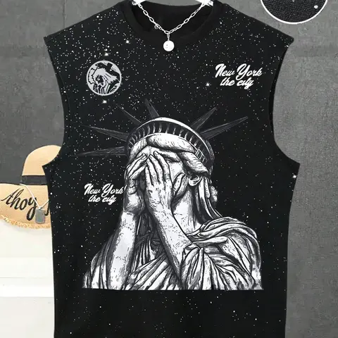 Unisex Trendy Vest Top, Silver Color Fabric, Lady Liberty Fun Print, Casual Daily Wear, Sports Vest, American Street Style Sleeveless T-Shirt