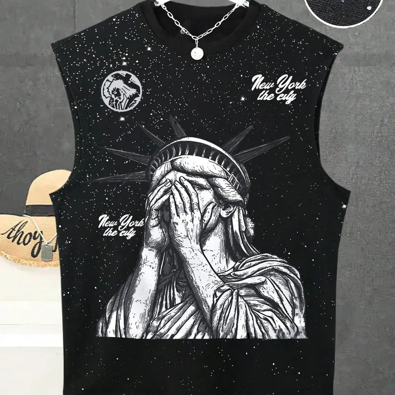 Unisex Trendy Vest Top, Silver Color Fabric, Lady Liberty Fun Print, Casual Daily Wear, Sports Vest, American Street Style Sleeveless T-Shirt