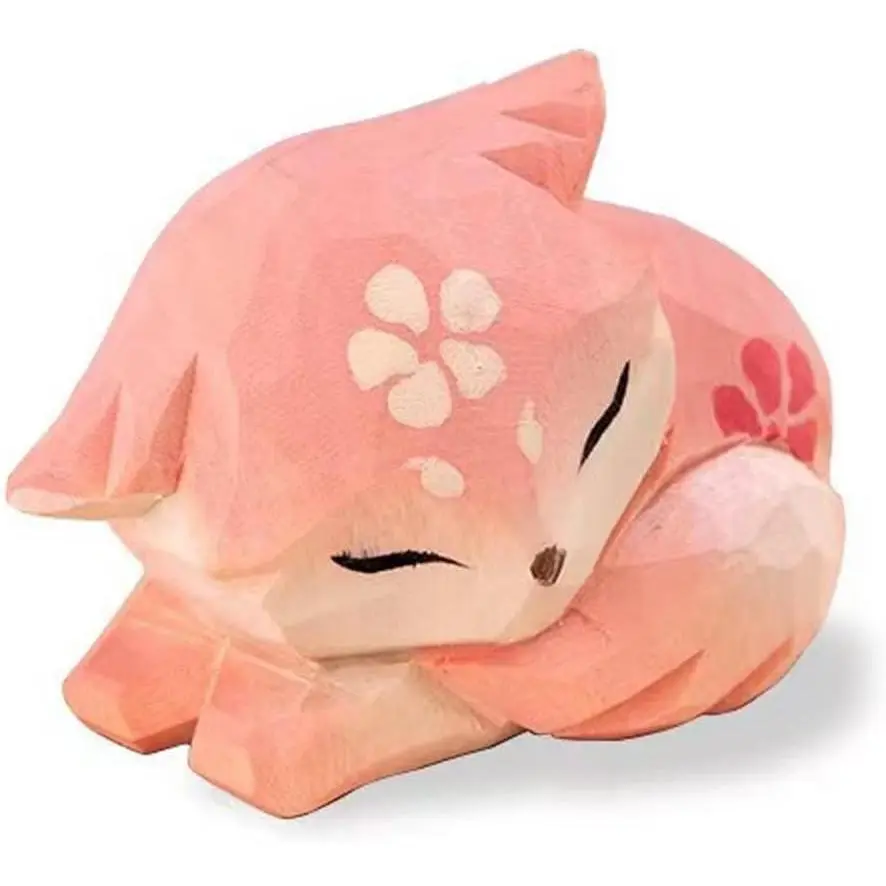 Wooden Fox Figurines Sculpture Statue Lovely Small Carved Fox Statue Handmade  Fox Art Carving Work for Home Office Decoration (Pink)