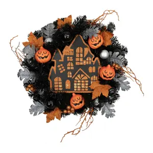 Northlight Orange & Black Haunted House Hallowe en Wreath 24"