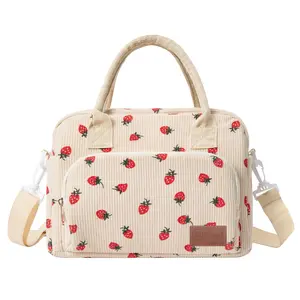 Lunch Box for Women, Cute Strawberry Corduroy Insulated Lunch Bag Women Reusable Work Leakproof Simple Adults Large Lunch Boxes Tote Bag Men Cooler Bag