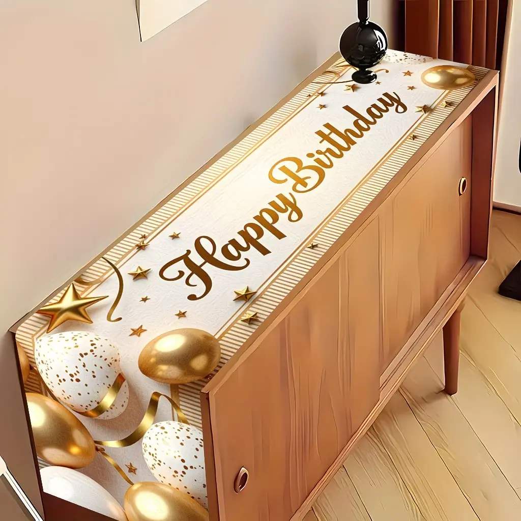 One 2D table flag, a banner of happy birthday with gold and white balloons, and a table flag with bright pattern design, suitable for anniversary, wedding, New Year, holiday kitchen table decoration, indoor and outdoor family parties