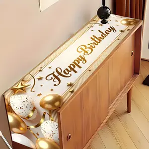 One 2D table flag, a banner of happy birthday with gold and white balloons, and a table flag with bright pattern design, suitable for anniversary, wedding, New Year, holiday kitchen table decoration, indoor and outdoor family parties