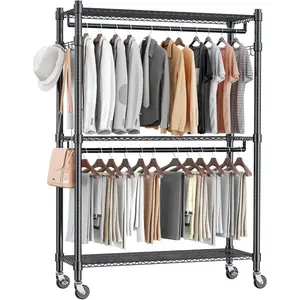 Homdox Rolling Garment Rack with Double Rod, Heavy Duty Clothing Rack with Shelves, Portable Clothes Rack, Free Standing Wardrobe Rack, with Lockable Wheels & Hanging Hooks, Max Load 450 LBS, Black Organiser