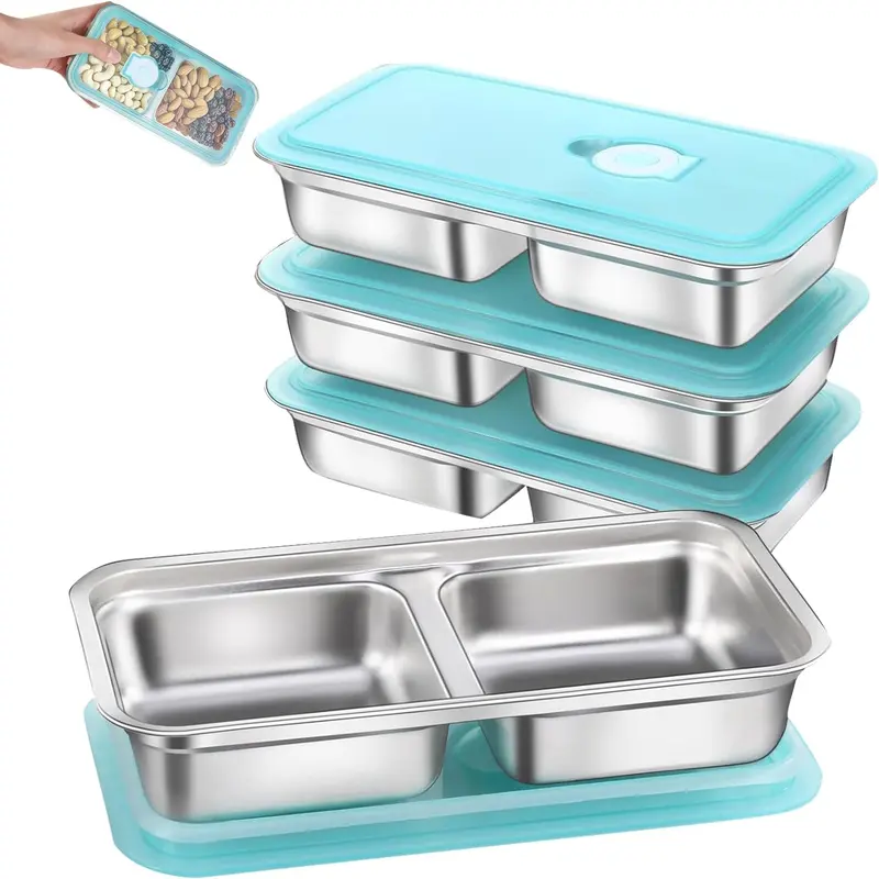 4-Pack Stainless Steel Bento Box Food Storage Containers with Lids - Leakproof, Removable Compartment, Portable, Reusable Chemical-Free Meal Prep & Snack Containers for Kids' School Cold Lunch, Dishwasher-Safe Kitchen Utensils
