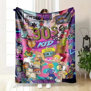 90s Nostalgia Cartoon Pattern Flannel Blanket Retro Vibes Print with Vibrant Colors and Soft Cozy Texture Perfect for Bedroom Decor Sofa Throw Office Nap Gifts for Friends Movie Nights and Home Relaxation--Warm Haven Textiles