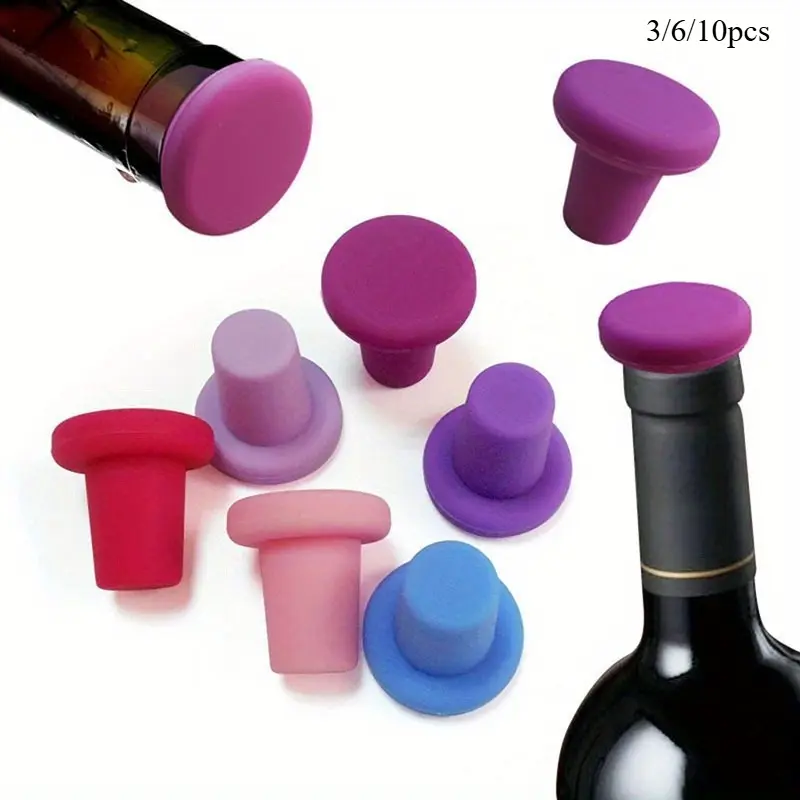 3/ 6/ 10pcs Premium Silicone Wine Bottle Stoppers - Leak-Proof, Airtight, Safe and Healthy Bottle Caps for Wine Preservation - Easy to Use and Clean