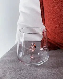 Drinking Glass with Handmade Pink Flamingo, Water, Mug, Kitchen, Tumbler, Glassware, Cute, Home, Table Décor, Design Glasses, Perfect Gift