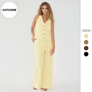 KatchMe Women's Casual V-Neck Button Tank Top & Low-Rise Wide Leg Trousers Co-ord, Minimalist Two Piece Outfits, Summer Comfortable Womenswear