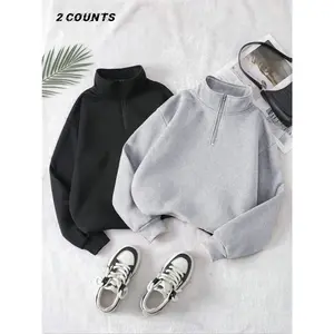 Autumn Winter Half-Zip Long Sleeve Fleece Lined Loose Fit High Neck Sweatshirt Jacket, Unisex Casual Fashion Outerwear