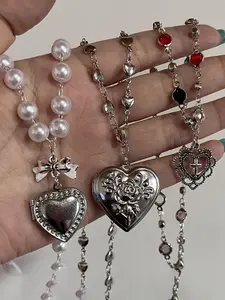 Punk Style Heart & Bow & Faux Pearl Decor Pendant Heart Design Necklace, 2024 New Style Fashion Jewelry for Party, Daily Clothing Decor, Trendy All-match & Exquisite Jewelry for Gift, Valentine's Day, Gift