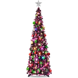 Pop Up Christmas Tree with Lights, Collapsible Tinsel Xmas Tree Decorations, Pencil Christmas Tree Skinny Tree for Holiday Xmas Home Office Decor, 30 Balls, 5Ft, Purple