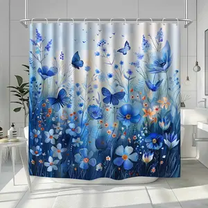 Elegant Watercolor Blue Floral Butterfly Shower Curtain, Polyester Bathroom Decor with Hooks, Machine Washable Artistic Design for Serene Home Ambiance, Elegant Shower Curtain