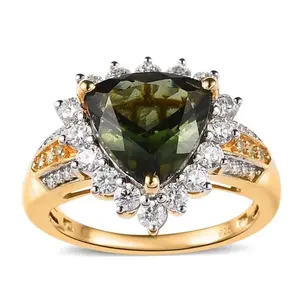 Trillion Moldavite, Moissanite & Yellow Diamond Halo Ring In 18K Yellow Gold over Sterling Silver 4.36ctw