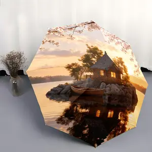 1PC Personalized Folding Umbrella with Image Print of Boats and Houses on the Lake, Suitable as a Birthday Gift, for Various Holidays, Travel, and Gifting