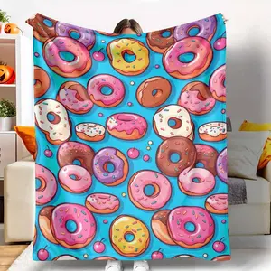 Colorful Donut Flannel Blanket Candy Dessert Print Pattern Soft Warm Cozy Plush Throw Blanket for Bedroom Sofa Office Travel Picnic Gift Decor Use
