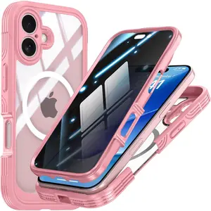 Privacy Case for iPhone 17, iPhone 17 Magnetic Cover Built-in Privacy Screen Protector, Full Body Shockproof Case, Compatible with MagSafe, Camera Protection, Pink
