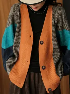Women's V Neck Colorblock Sweater, Casual Loose-Fit Knitted Cardigan with Buttons, Fall & Winter Fashion, Versatile Style Knitwear