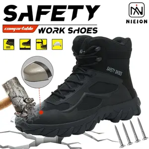 NIEION Men's Breathable Mesh Work Sneakers Durable Anti-Slip Safety Shoes with Steel Toe Protection Comfort Fit for All Seasons Non-Slip Work Shoes Steel Toe Shoes Boy Closed Footwear Worker Black stab-resistant safety shoe anti-smash boot Women Decor