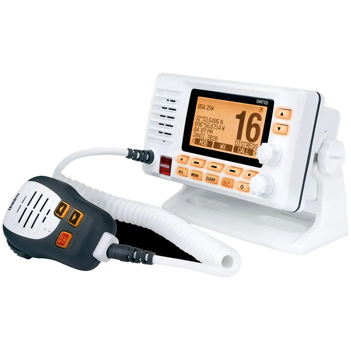 Uniden UM725GBT Waterproof Fixed-Mount VHF Radio with GPS, Wireless Bluetooth, Audio Speaker, Receiver, LCD Display, Remote Control, 68mm x 38mm Size, NMEA Inputs, 1Watt/25W Transmit Power, White, 1Watt / 25Watt Transmit Power