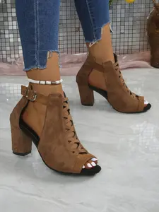 Spring Summer New Velvet Chunky Heel Classy Elevated Sandals, Cross Strap Fish Mouth Shoes, Back Buckle Slimming High Heels, Plus Size 35-45