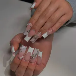 24pcs Long Trapezoidal Press-On Nail Tips, Flat French Edge, Silver Color Rhinestones, Butterfly Design, Elegant and Precise, Butterfly Nails, Elegant Rhinestone Decorated