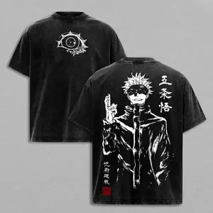 Sanlan Gojo Satoru Tee Washed – Jujutsu Kaisen: Execution Shibuya Incident Compilation & Culling Game Prelude Vintage Oversized Heavy Cotton Anime Manga T-Shirt, Double Printed Retro Unisex Streetwear Graphic Top, Japanese Anime Merch for Sorcerer Fans