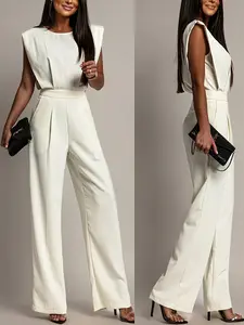 Short Sleeve Round Neck Zip Front Back Jumpsuit Fit, Spring Summer Autumn Winter Wedding Guest Matching Womenswear